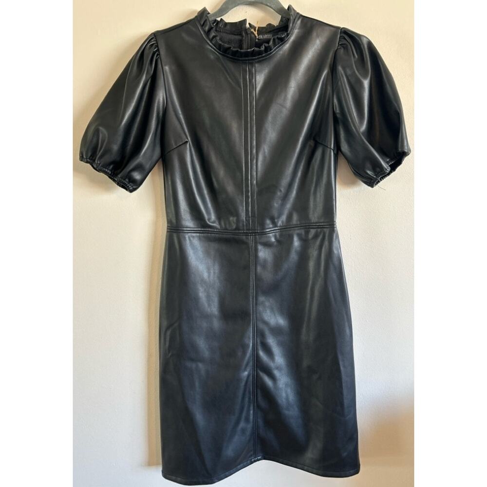 Faux Leather Black Midi Dress Long Sleeve Modest A Line NWT Small